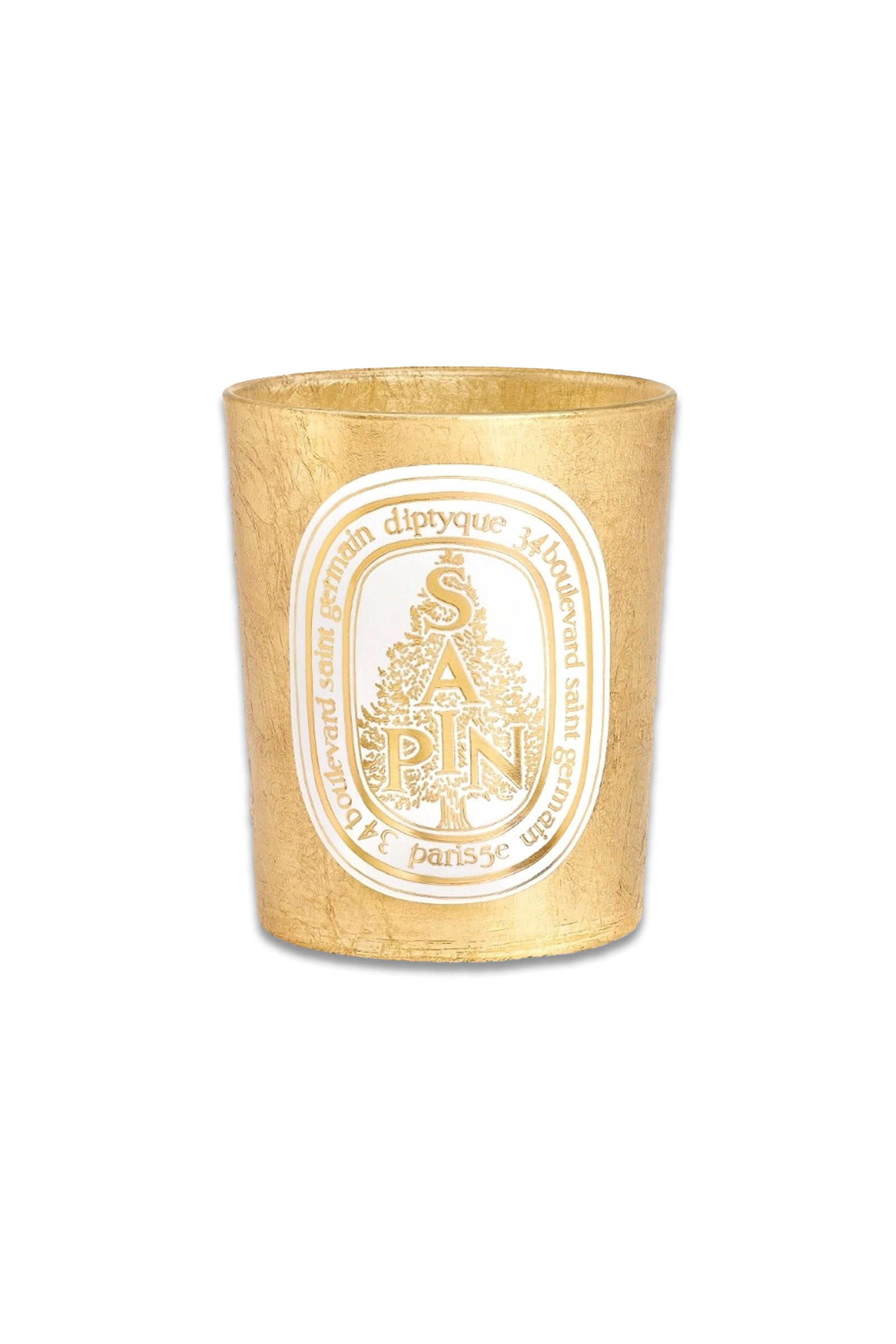 Diptyque candle with gold packaging and white label on a white background

