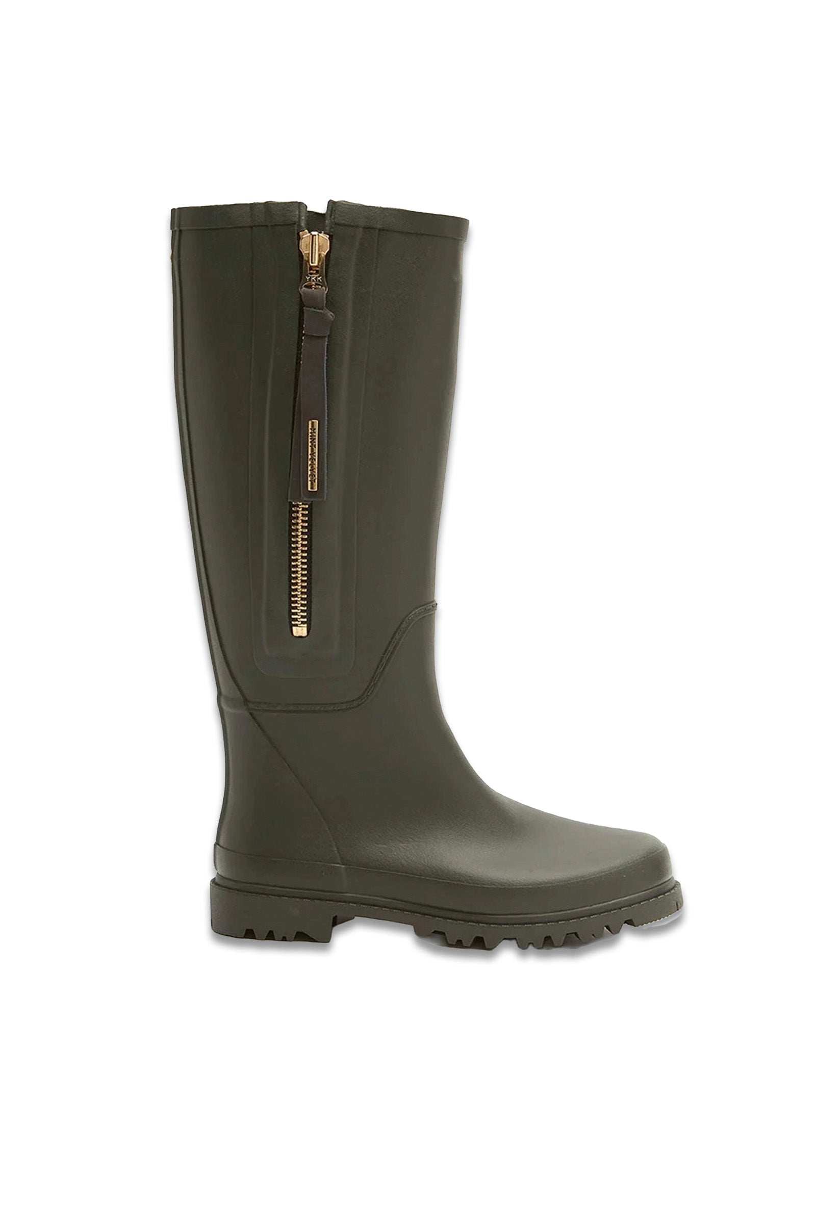A pair of khaki-colored wellington boots with a metallic zip fastening.

