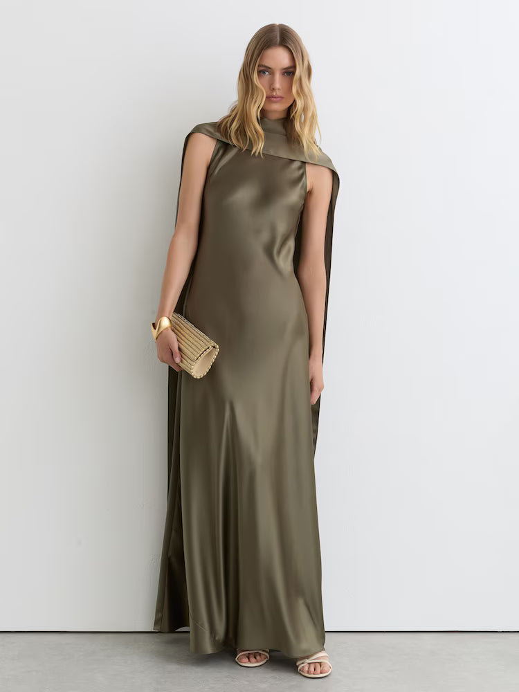Fae Satin-cape Maxi Dress in Khaki Green