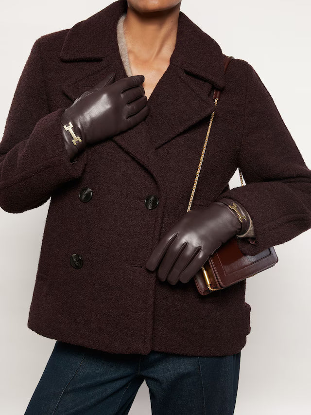 Harriet Leather Hardware-Embellished Gloves in Burgundy