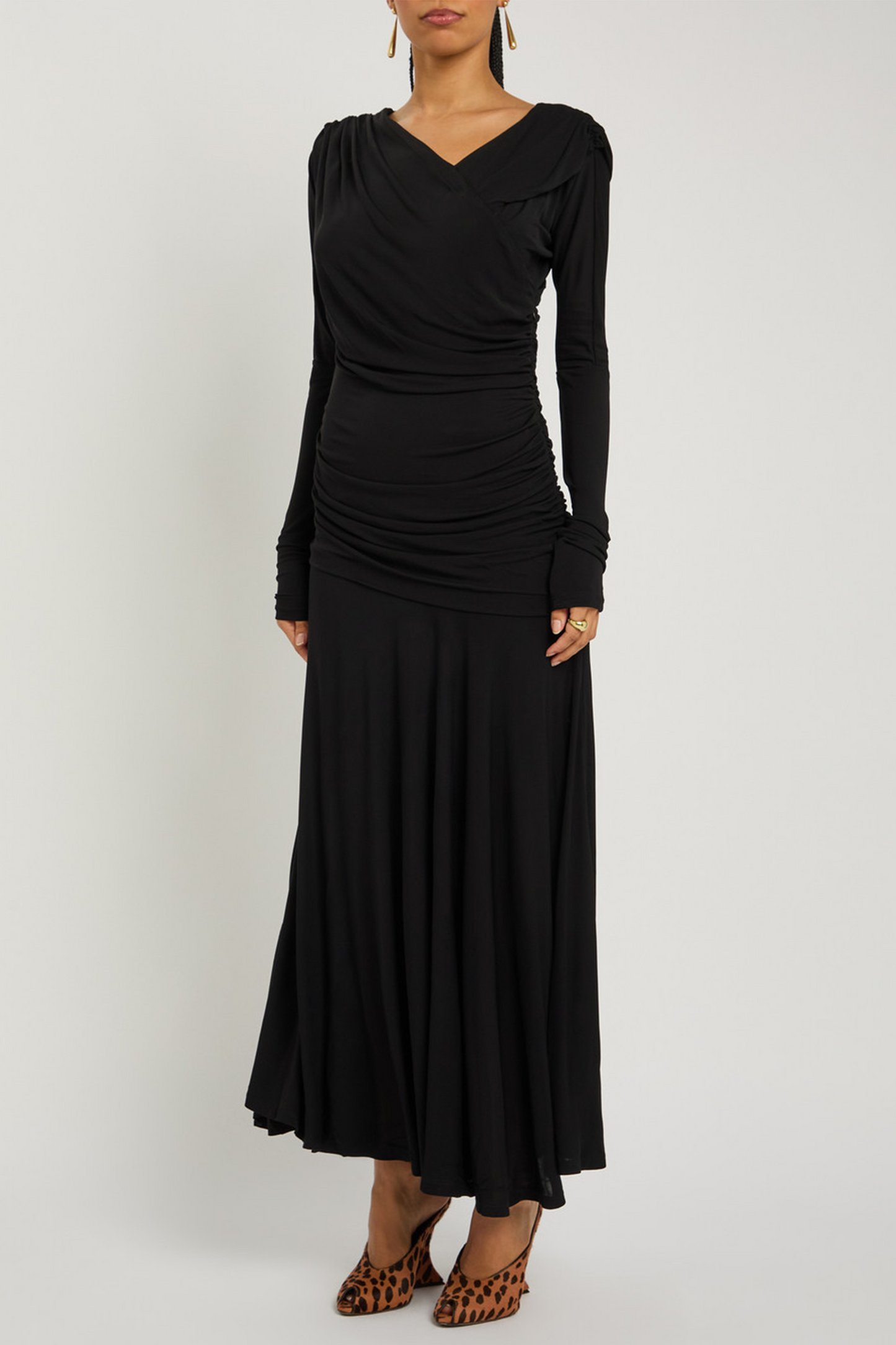 Ruched Wrap-Effect Mesh Maxi Dress