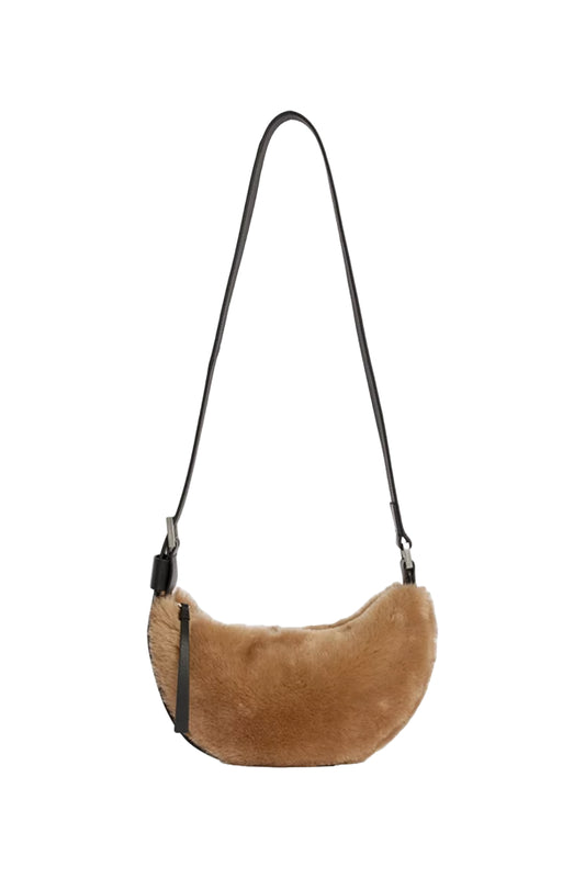 Half Moon Taupe Brown Shearling Cross Body Bag
