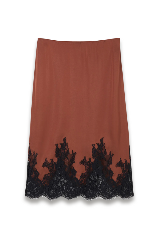 Brown Lace-hem Satin Midi Skirt