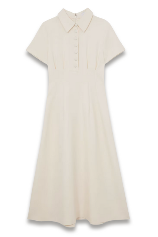 Button-neck Short-sleeve Midi Dress in Cream