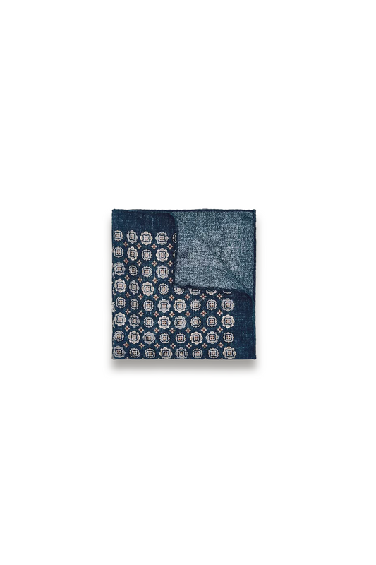 Sabino Silk Medallion Print Pocket Square in Indigo Melange