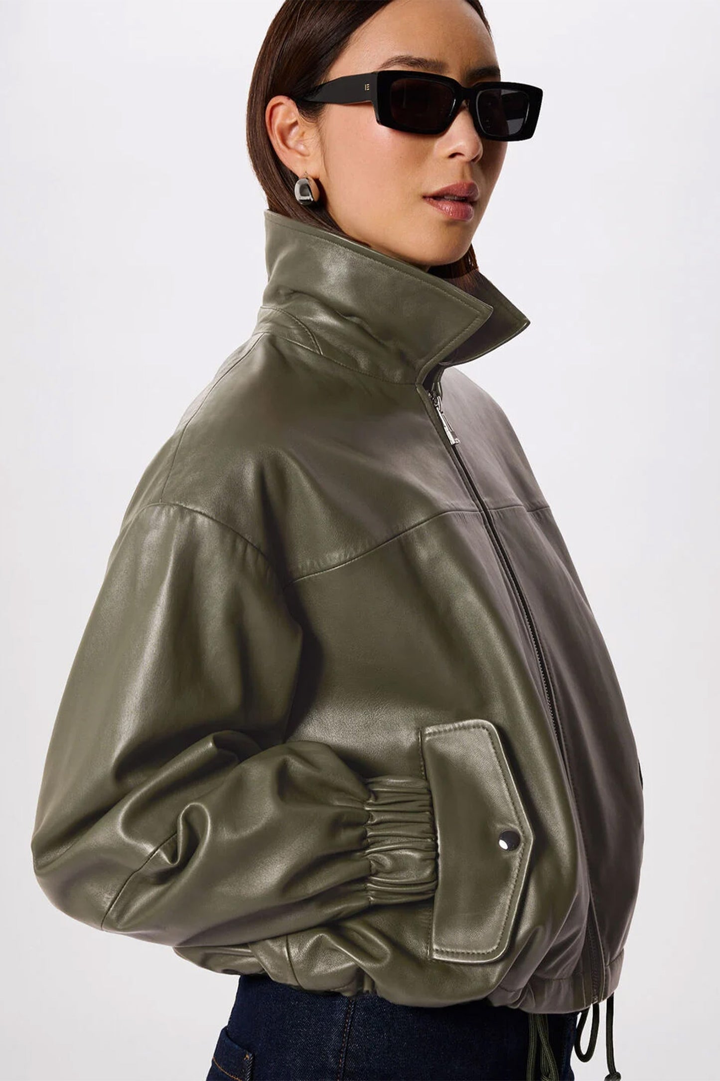 Funnel Neck Leather Bomber Jacket