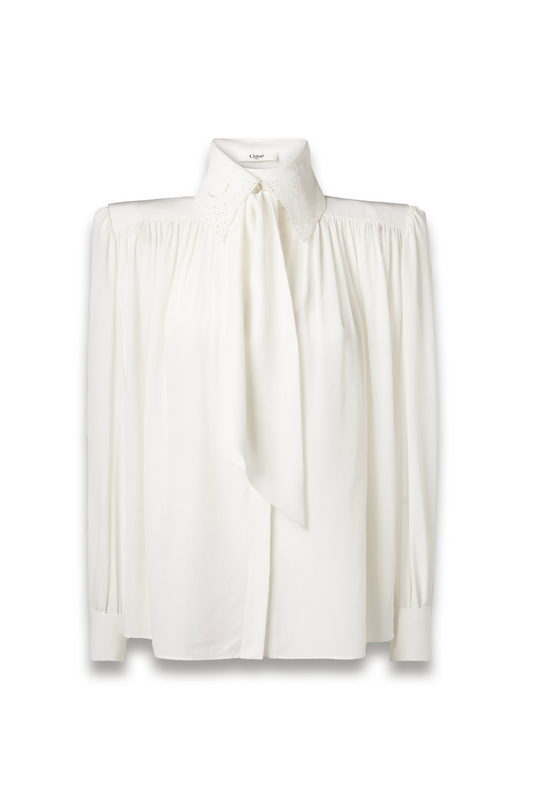 Pussy-bow Broderie Anglaise-trimmed Gathered Organic Silk Shirt