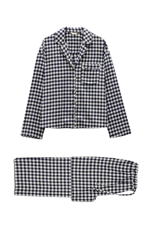Julia Brushed Cotton Pyjamas in Midnight Navy/Ecru Gingham