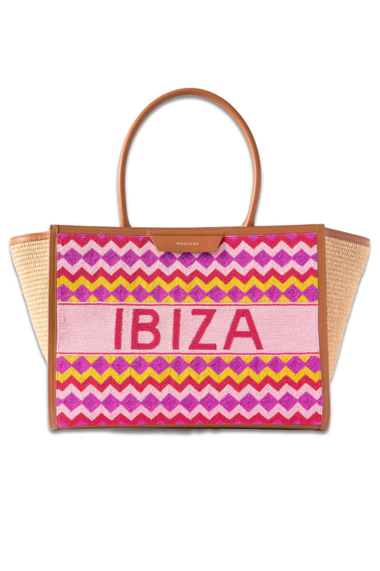 Ibiza Leather-Trimmed Beaded Raffia Tote