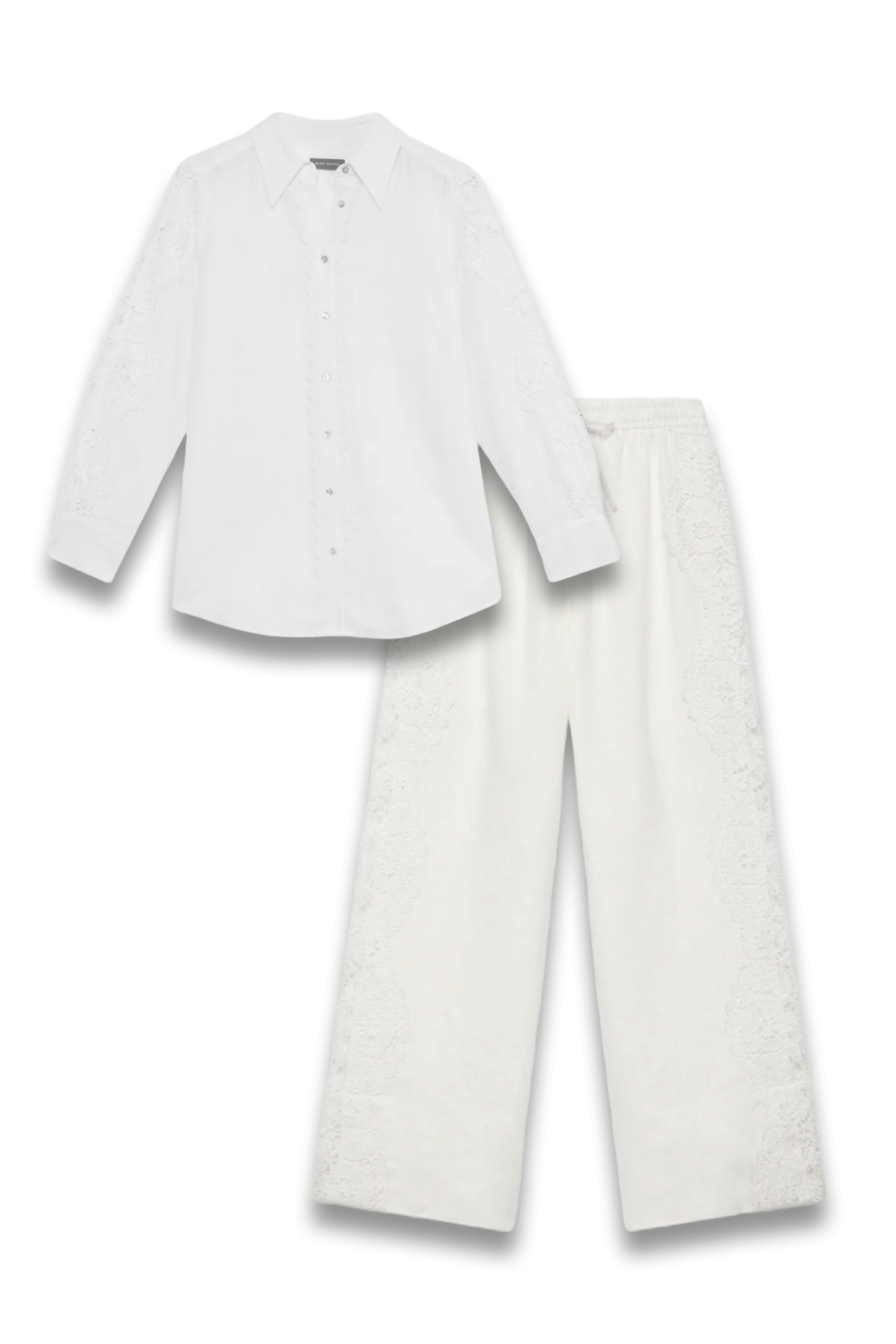 White Linen Lace Trim Shirt and Wide Trousers Set