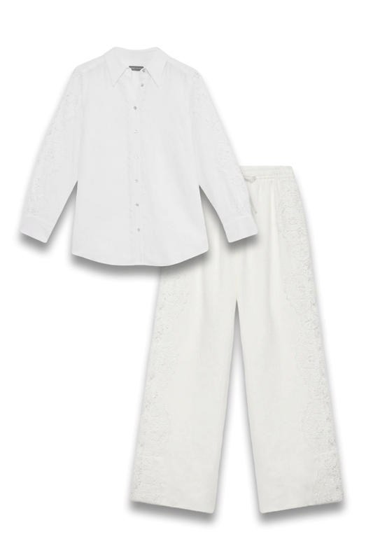White Linen Lace Trim Shirt and Wide Trousers Set