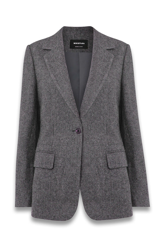 Grey Herringbone Wool-blend Blazer