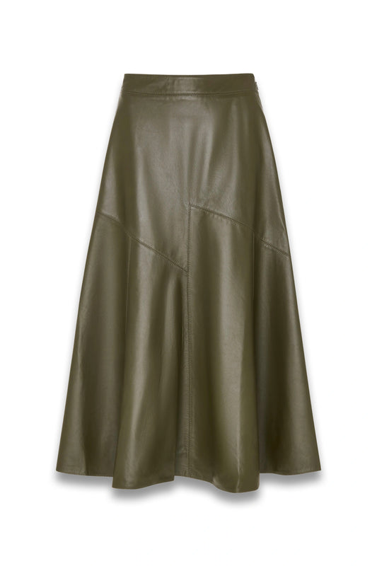 Khaki Zig Zag Panel Leather Skirt
