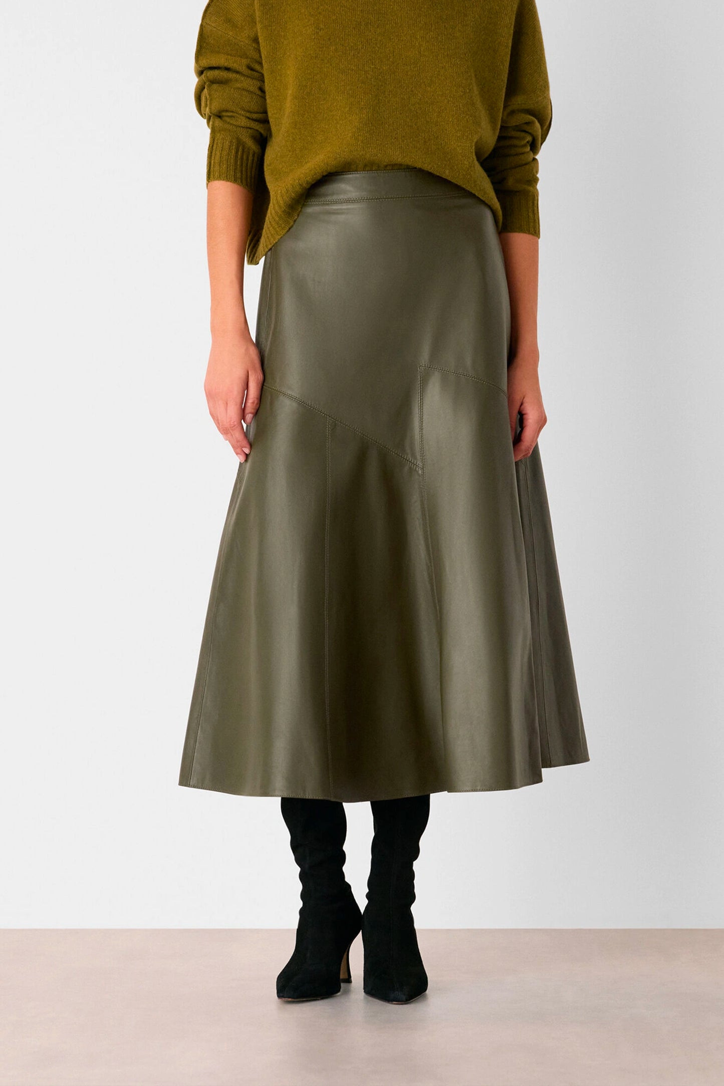 Khaki Zig Zag Panel Leather Skirt