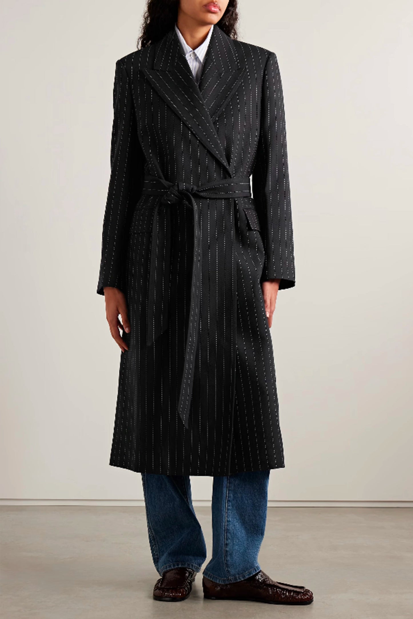 Belted Pinstriped Wool Coat