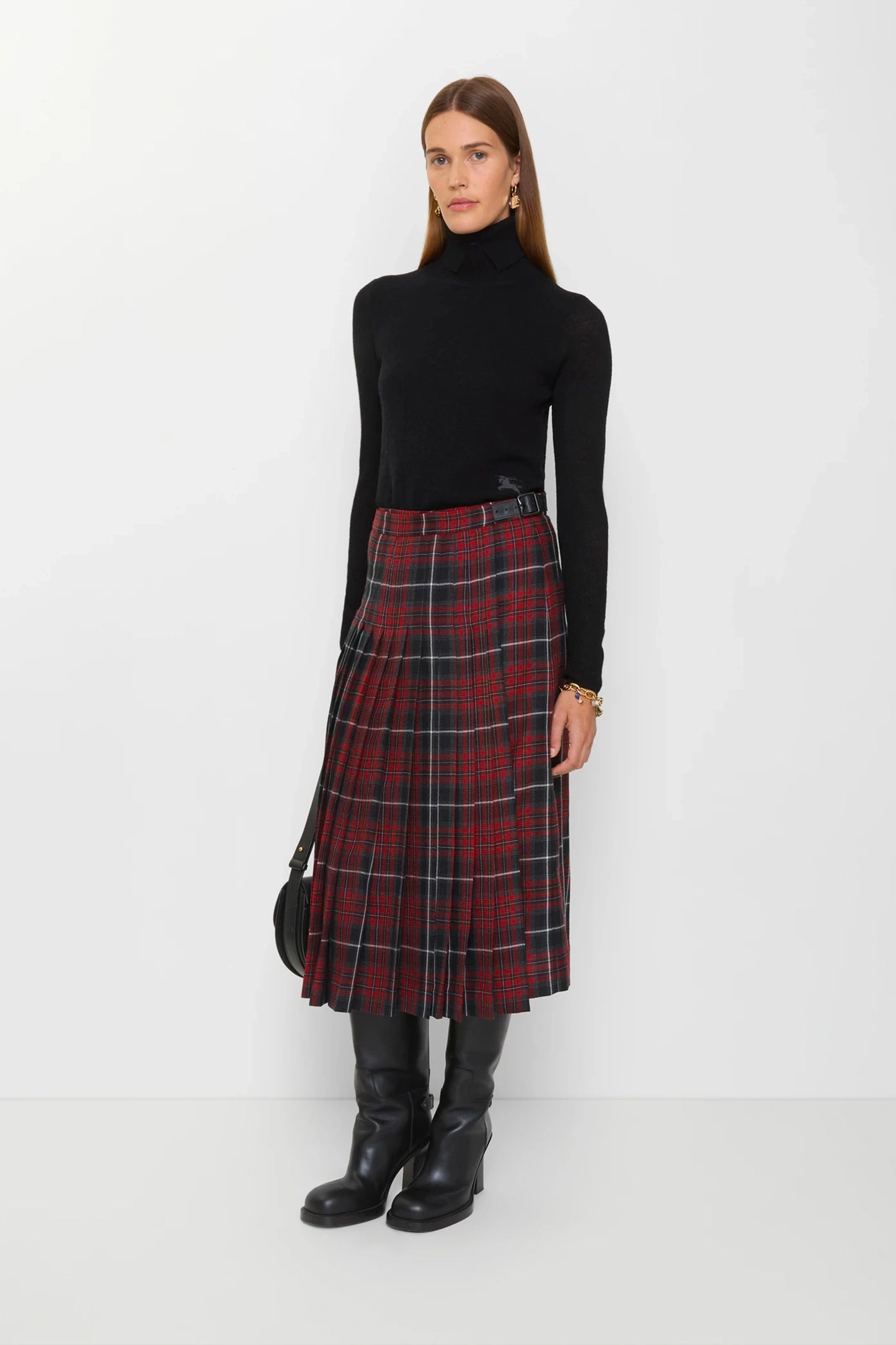 Check Wool Blend Midi Kilt