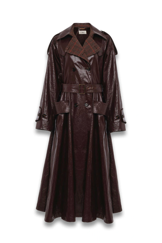 Double-breasted Long Riding Coat in Coated Linen