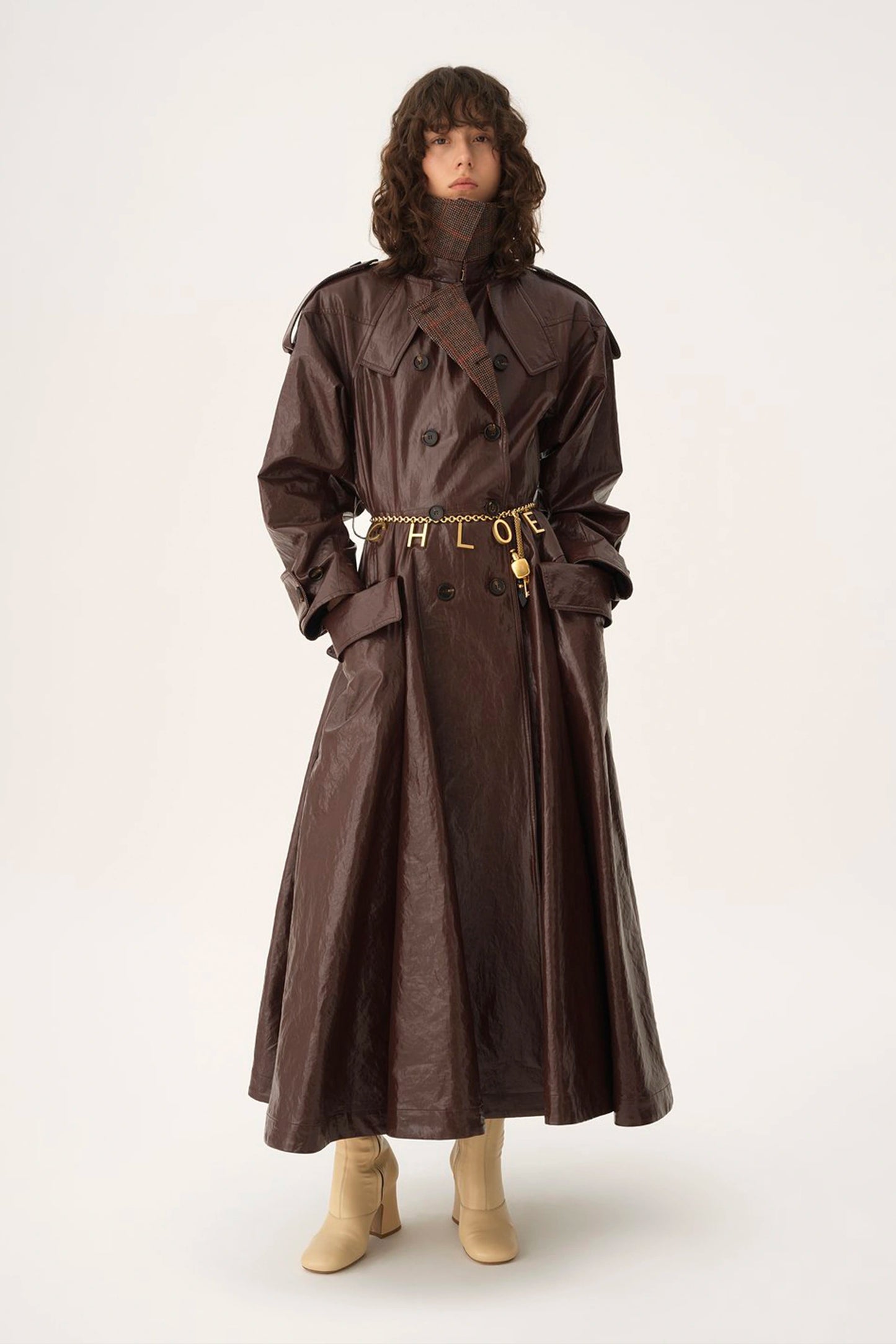 Double-breasted Long Riding Coat in Coated Linen