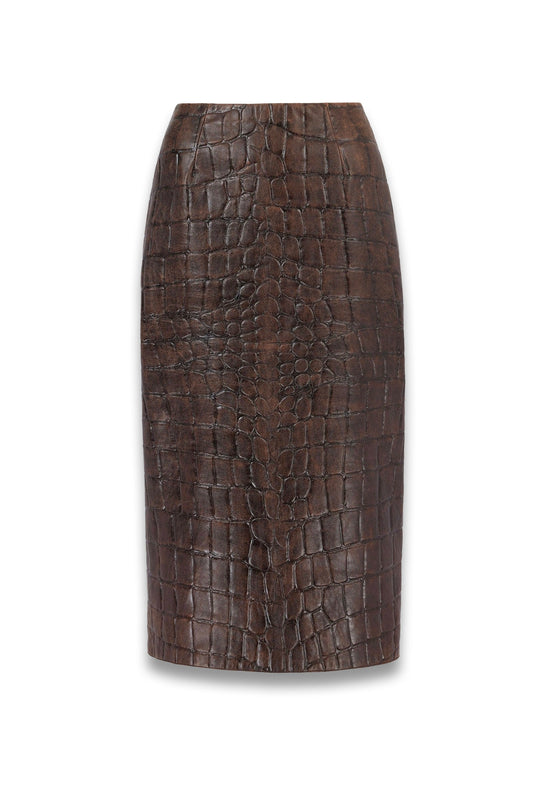 Loretta Skirt in Chocolate Embossed Croc Western Leather