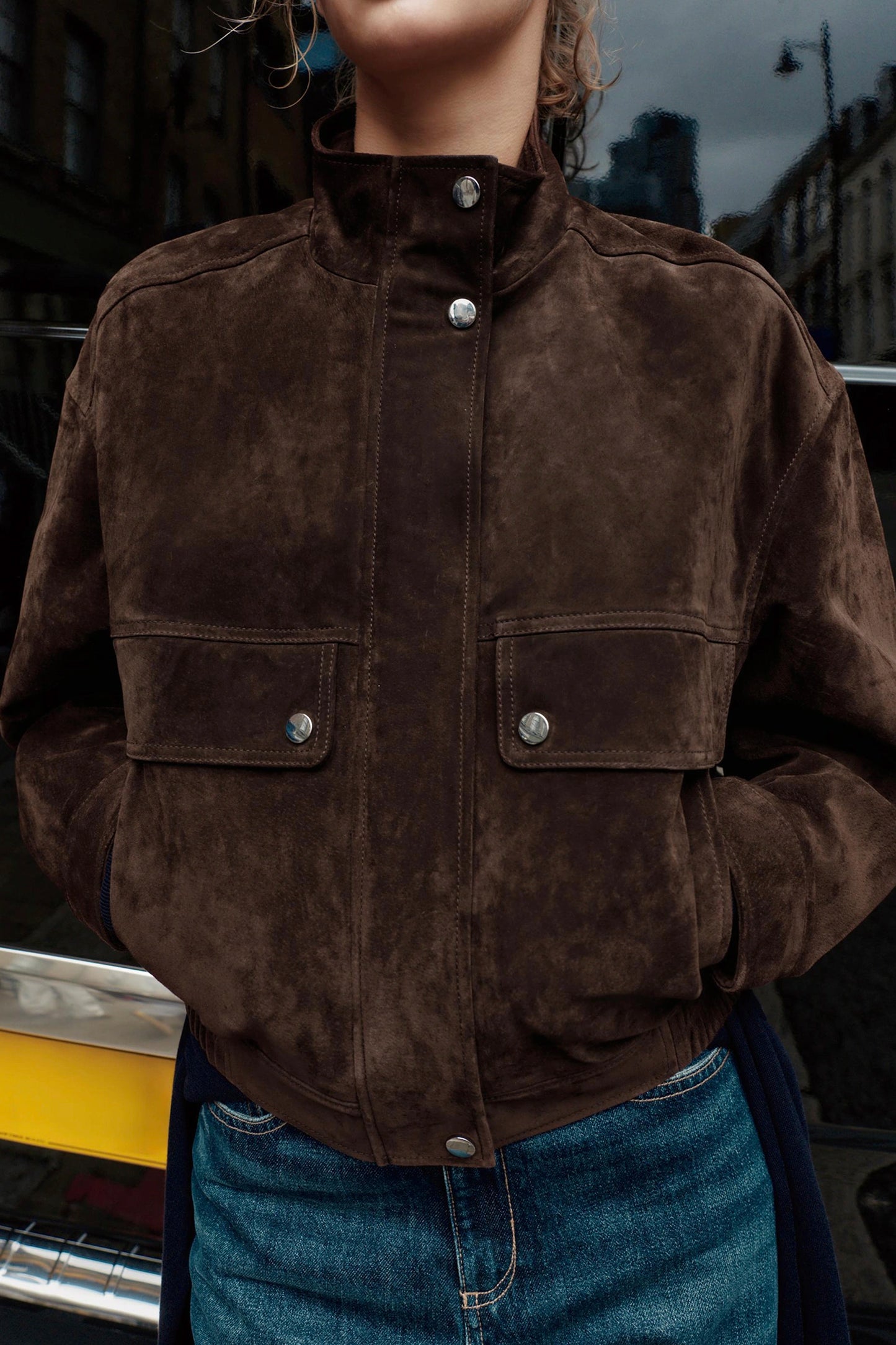 Suede Leather Bomber Jacket with Pockets