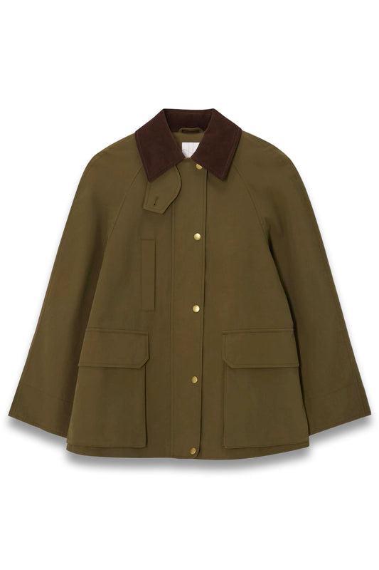 Shower Resistant Short Cotton Barn Jacket in Khaki