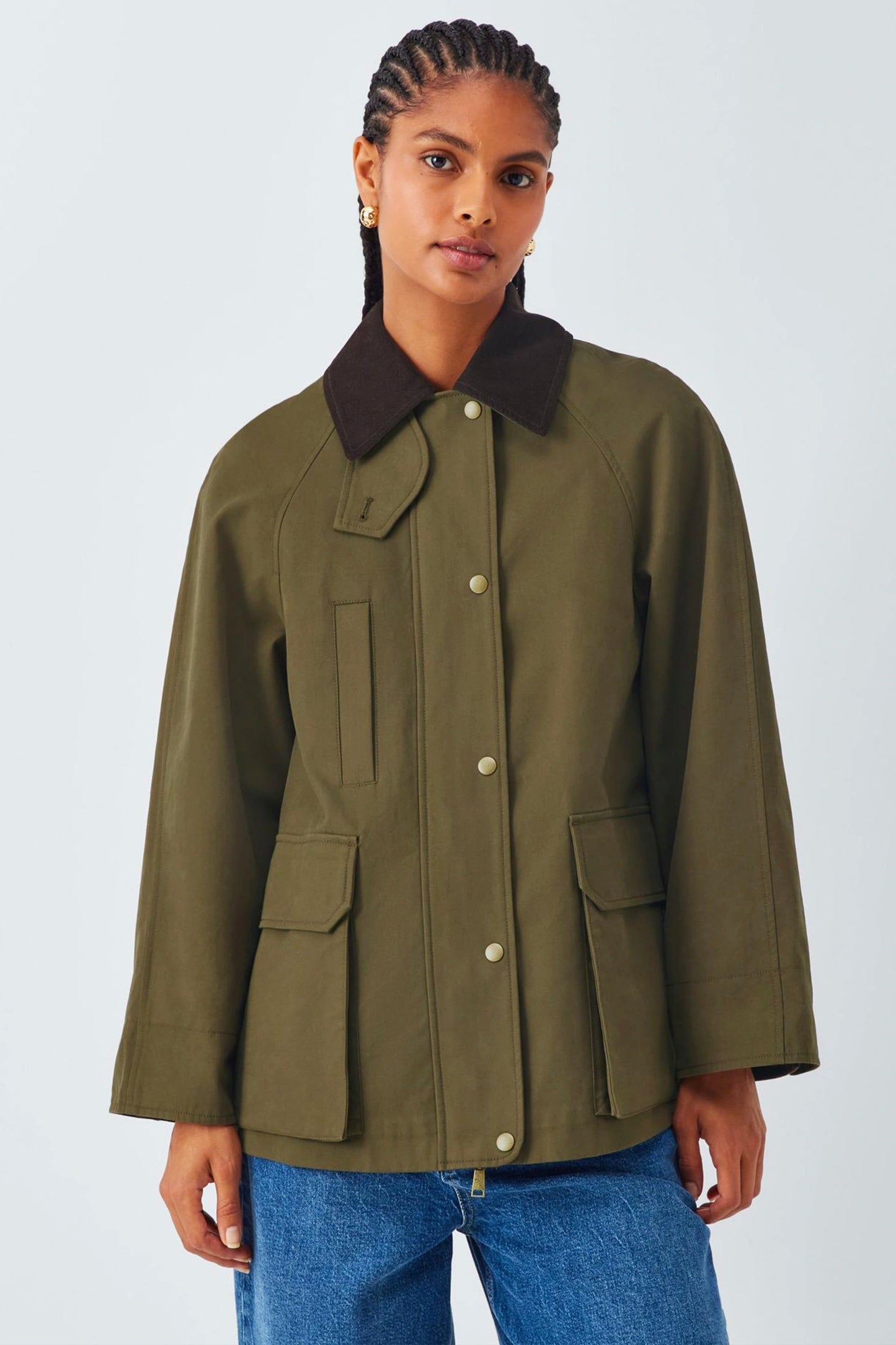 Shower Resistant Short Cotton Barn Jacket in Khaki
