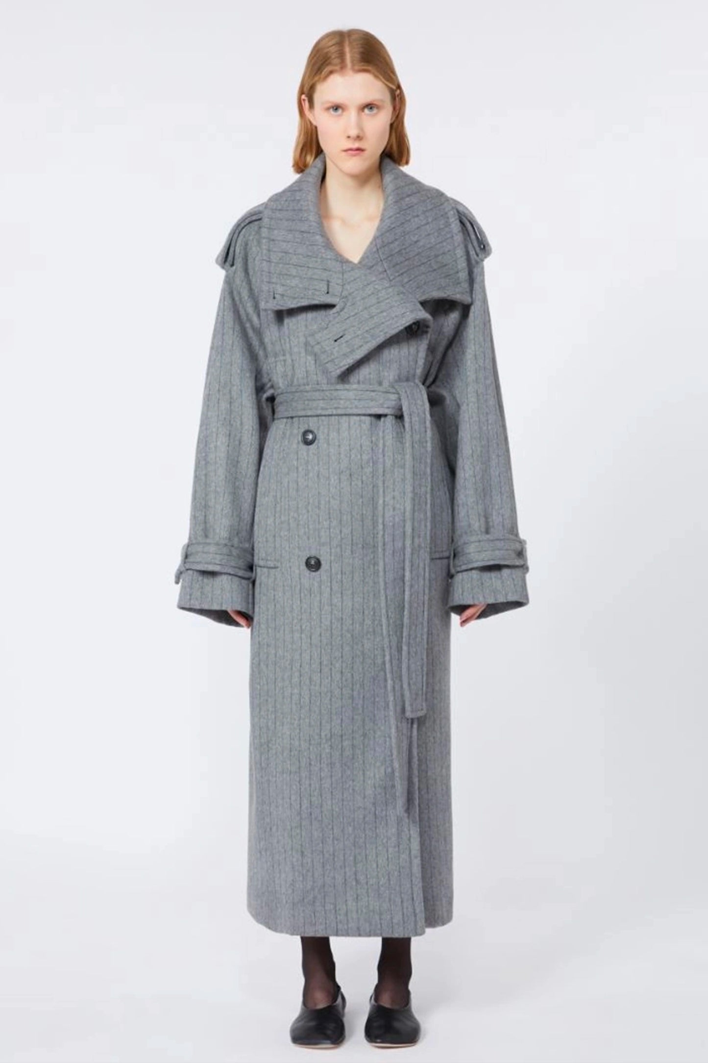 Pinstriped Trench Coat in Pure Wool - Runway - Medium Grey