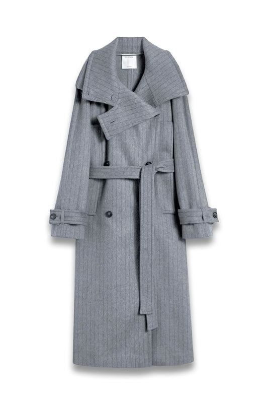 Pinstriped Trench Coat in Pure Wool - Runway - Medium Grey