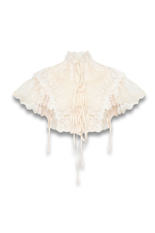 High-neck Cropped Top in Cotton Tulle & Lace