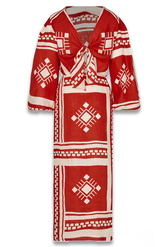 Sun Goddess Geometric-Print Linen Maxi Dress