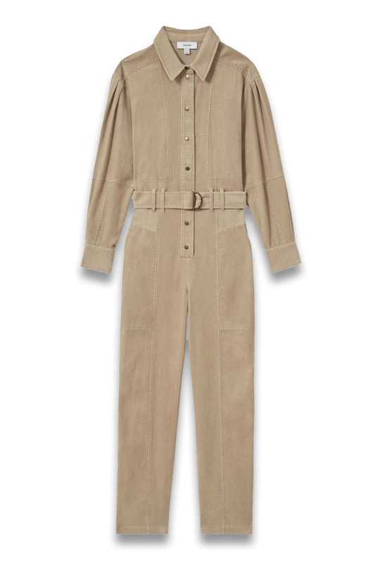 Cotton Corduroy Tapered Jumpsuit With Stretch in Neutral