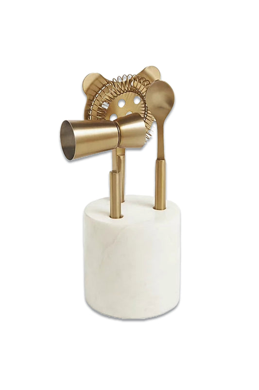 Stainless Steel Cocktail Tool Set & Marble Stand, Gold/White