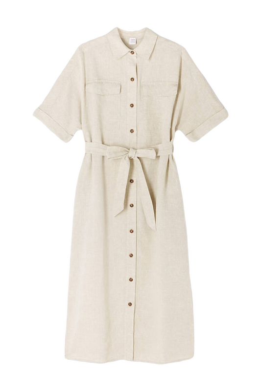 Neutral Belted Linen Shirt Dress
