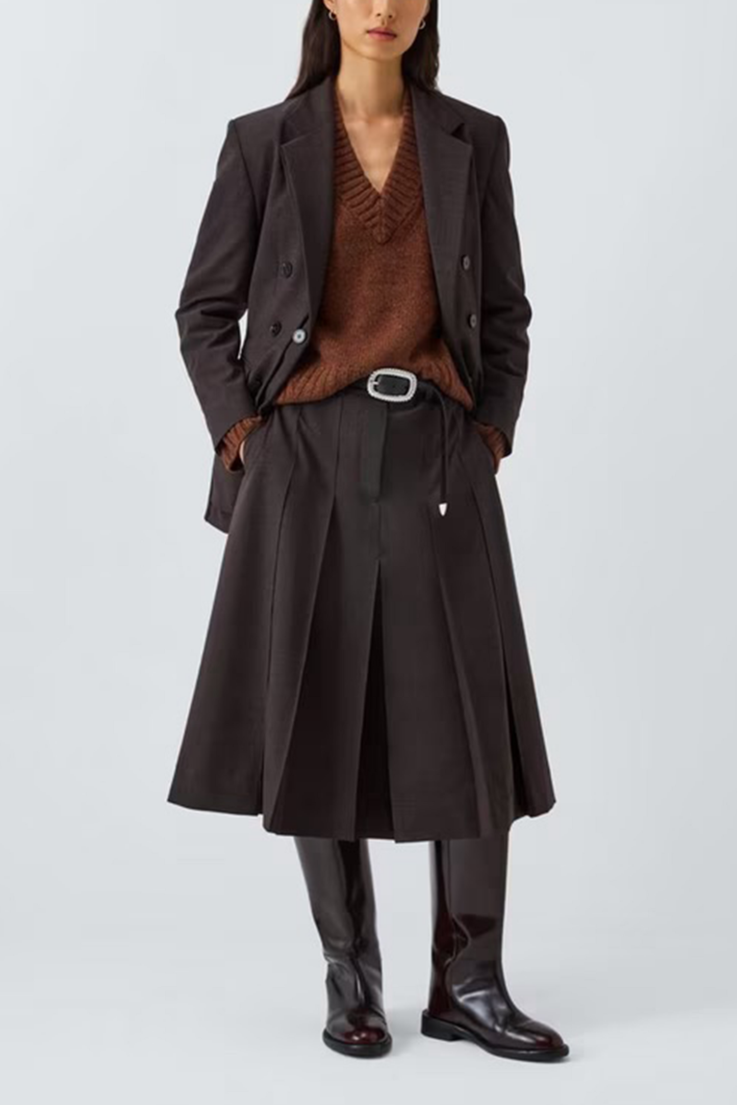 Pleat Detail Wool Blend Midi Skirt