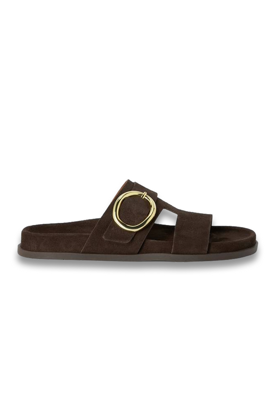 Lilibeth Suede Feature-buckle Mule Slider Sandals in Chocolate