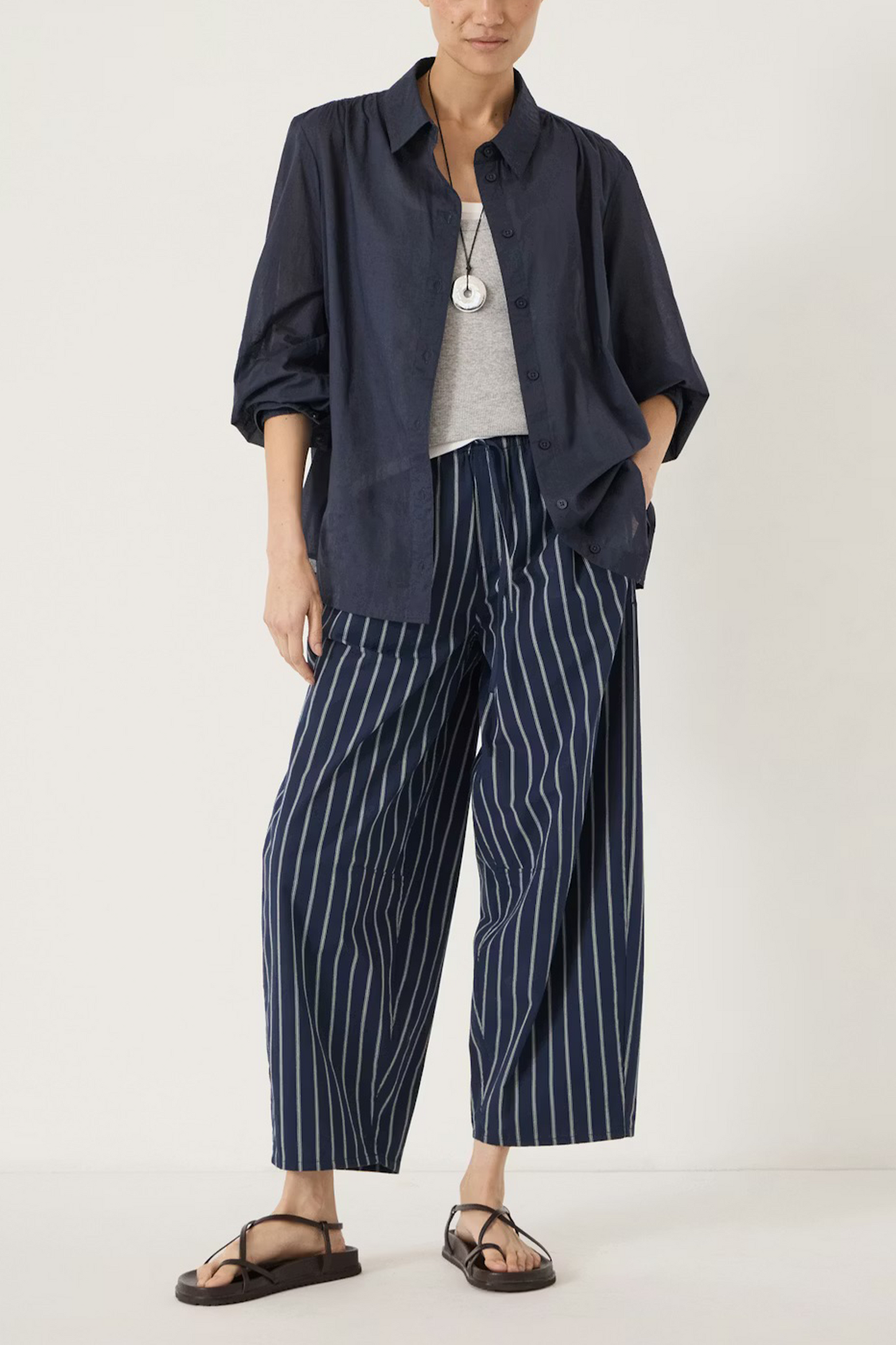 Juno Pull On Laundered Cotton Barrel Leg Trousers in Midnight Navy