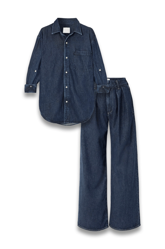 Kayla Denim Shirt and Petra Pleated High-Rise Wide-Leg Jeans