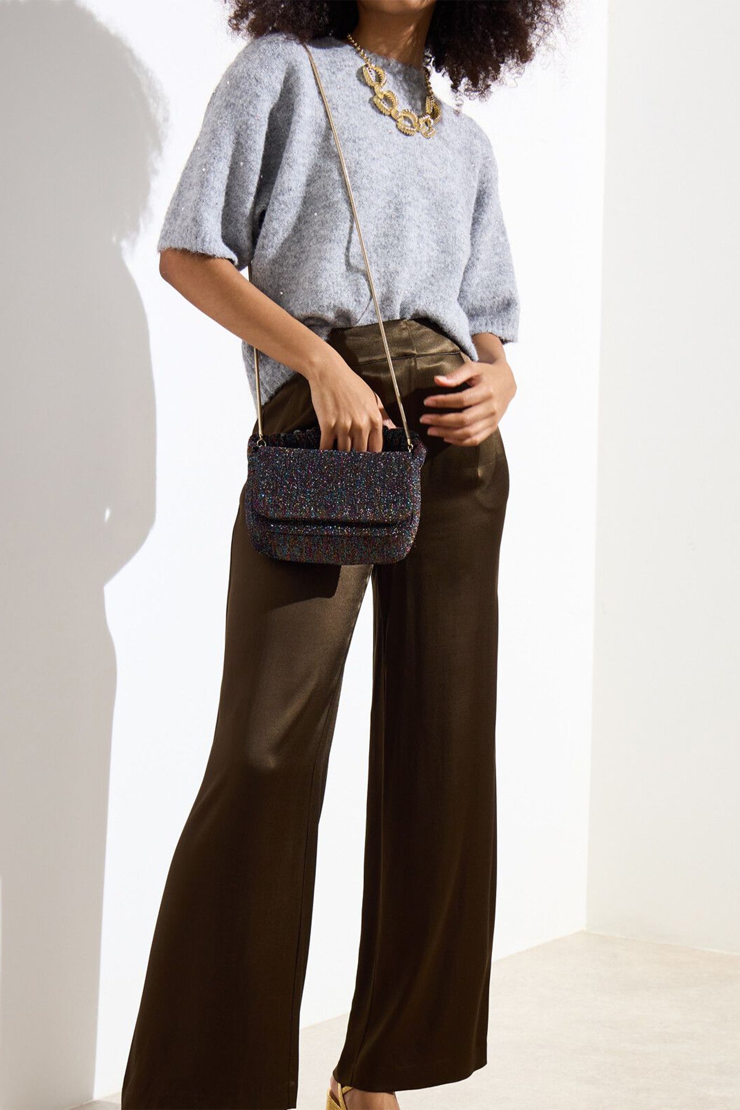 Khaki Green Satin Wide Leg Trousers
