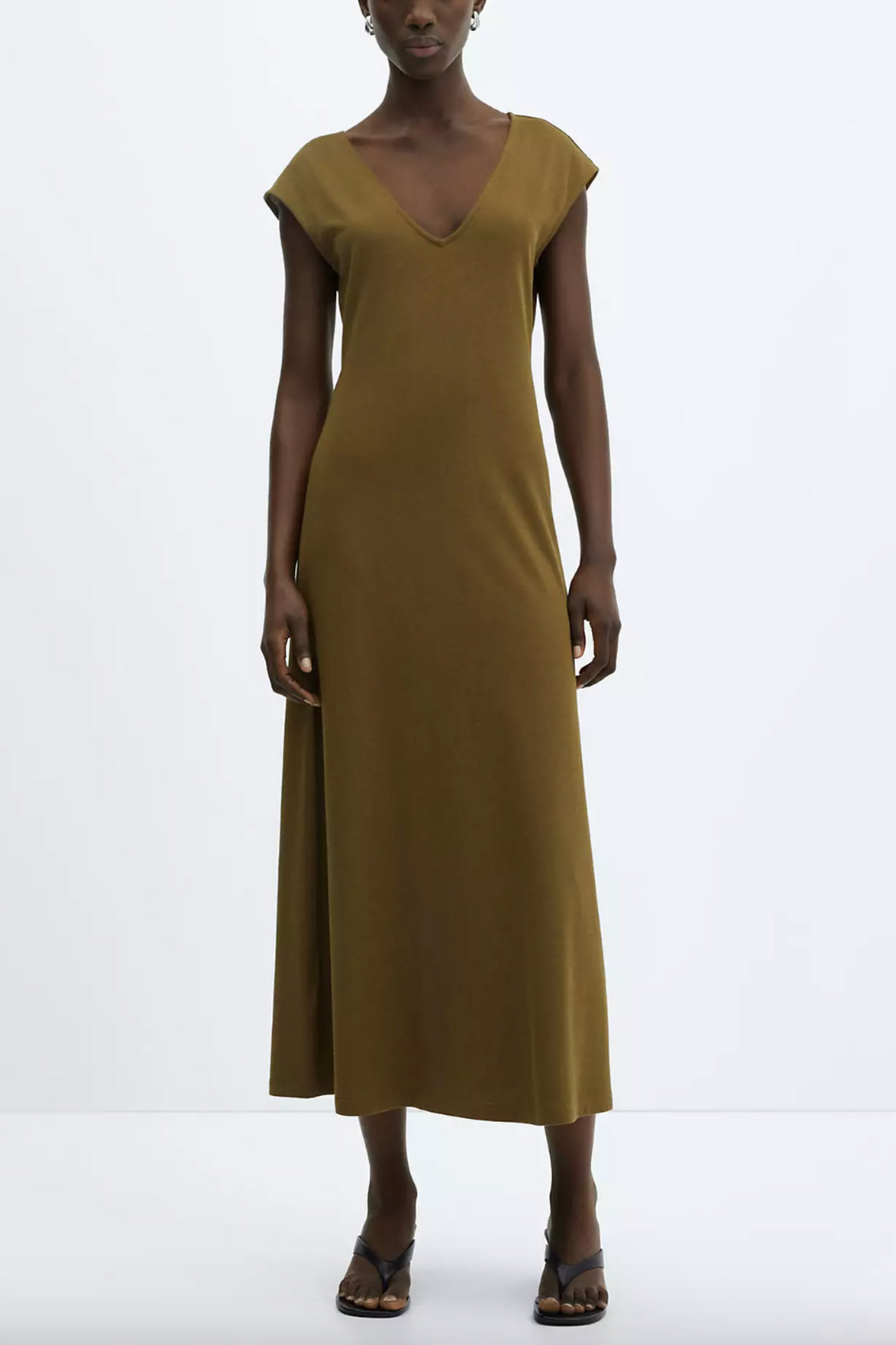 Khaki Dica Cotton V-neck Midi Dress