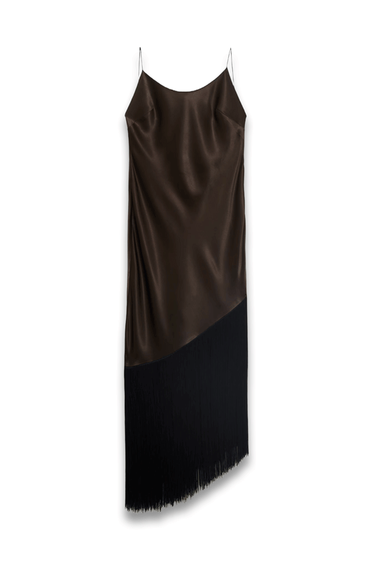 Asymmetrical Satin Dress With Fringes