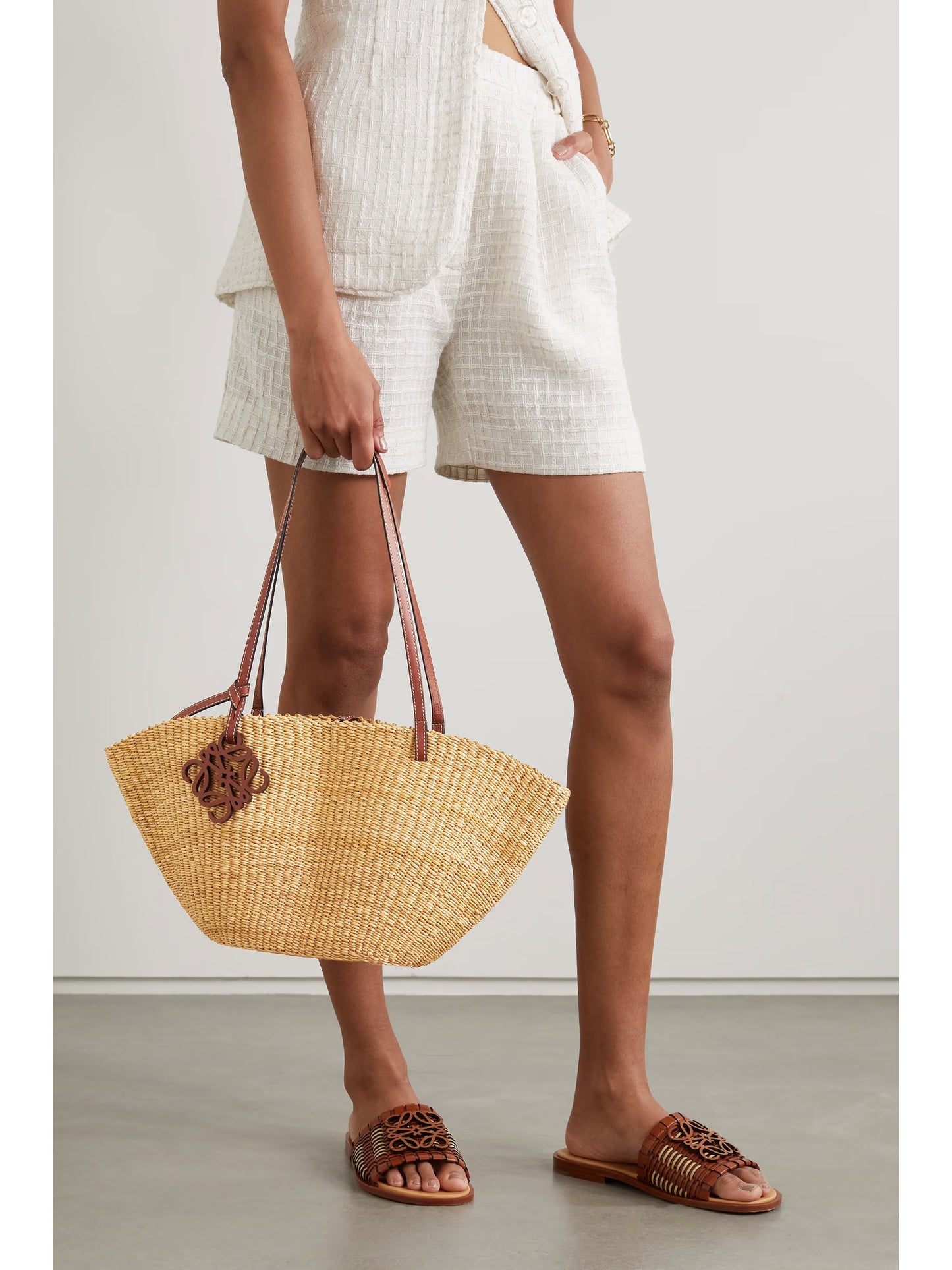 Shell Small Leather-trimmed Raffia Tote