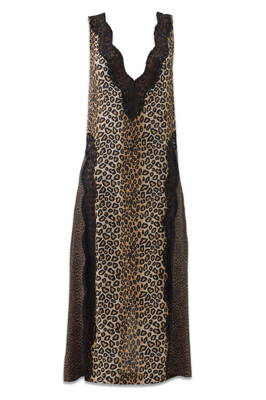Lace and Leopard Print Satin Slip Dress