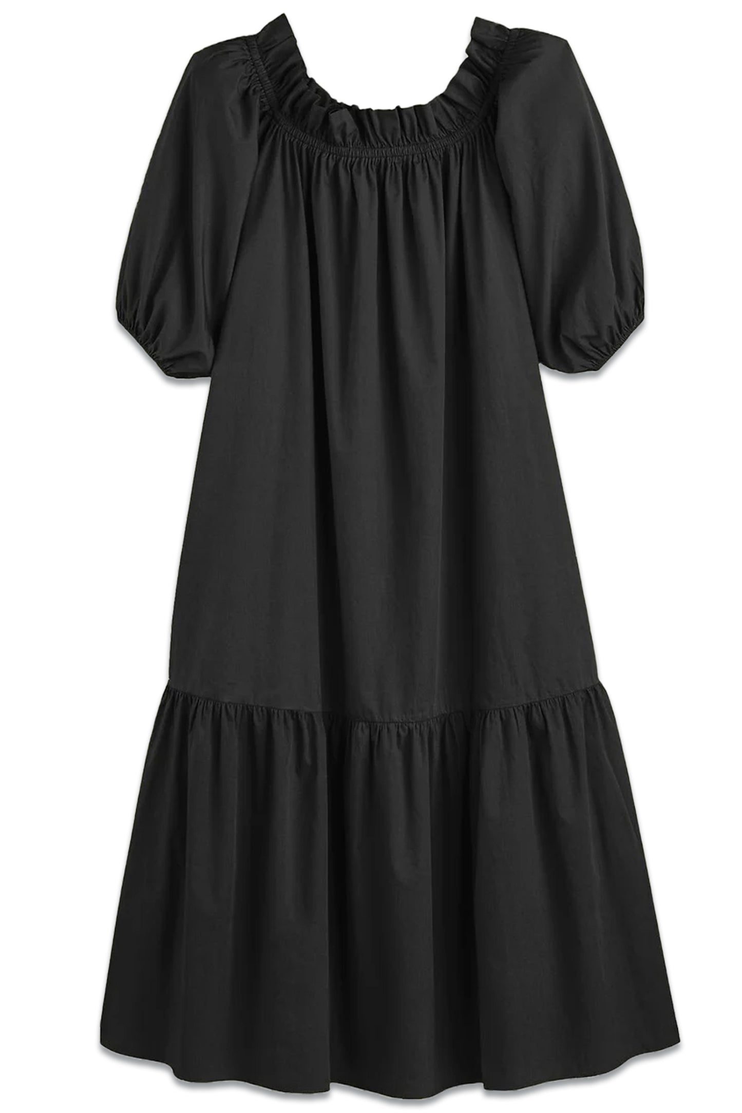 Cotton Midaxi Dress with Short Puff Sleeves and Ruffled Neck