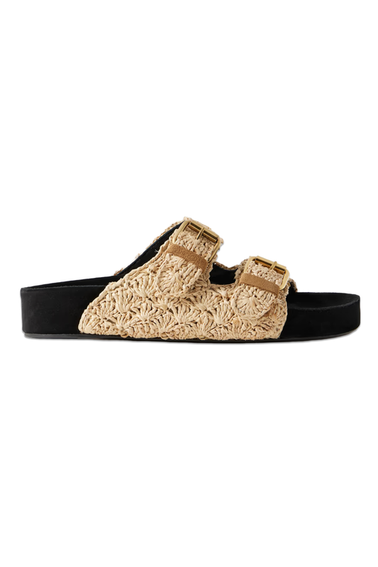 Lennyo Buckled Suede-Trimmed Raffia Slides