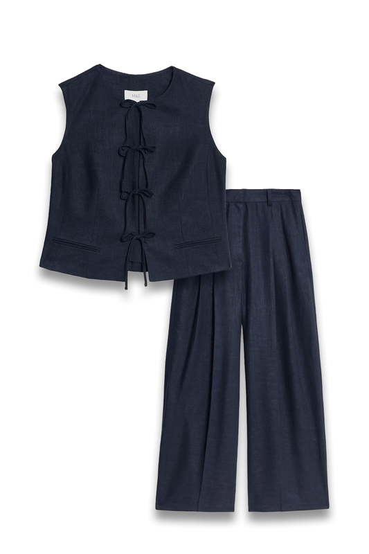 Linen Rich Tie Front Waistcoat and Twill Wide Leg Trousers