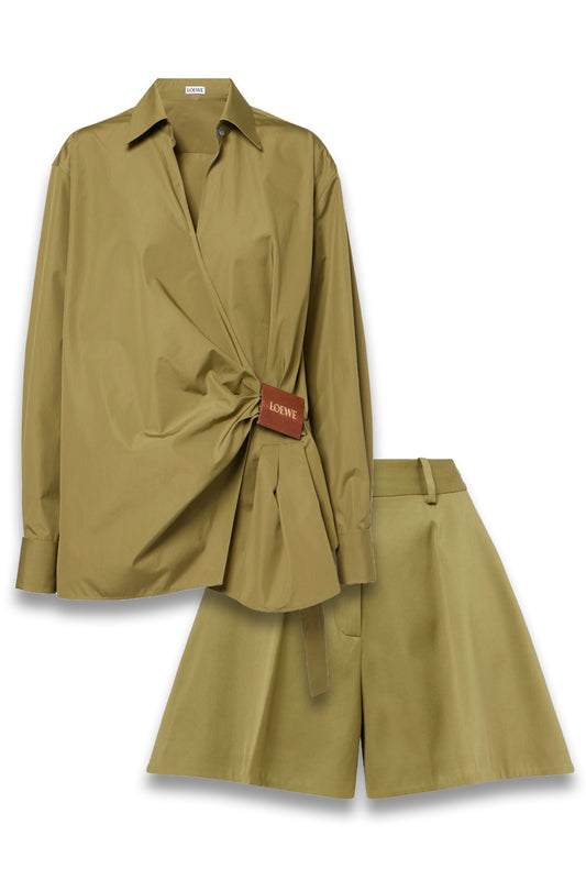 Draped Cotton Poplin Shirt and Cotton Silk Gabardine Shorts Set