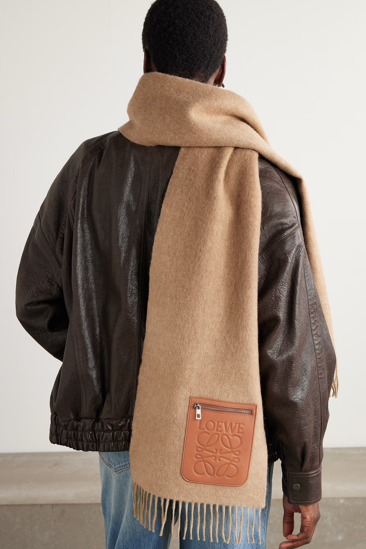 Leather-Trimmed Fringed Wool And Cashmere-Blend Scarf