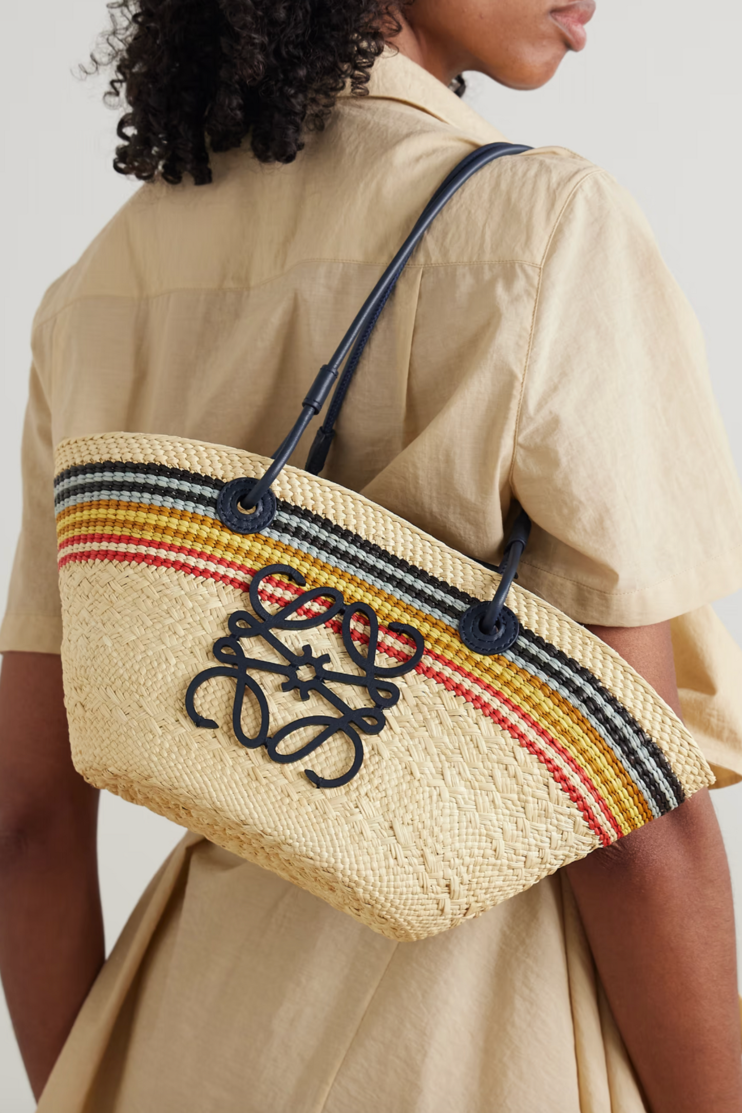 Paula's Ibiza Anagram Basket Small Leather-Trimmed Striped Raffia Tote
