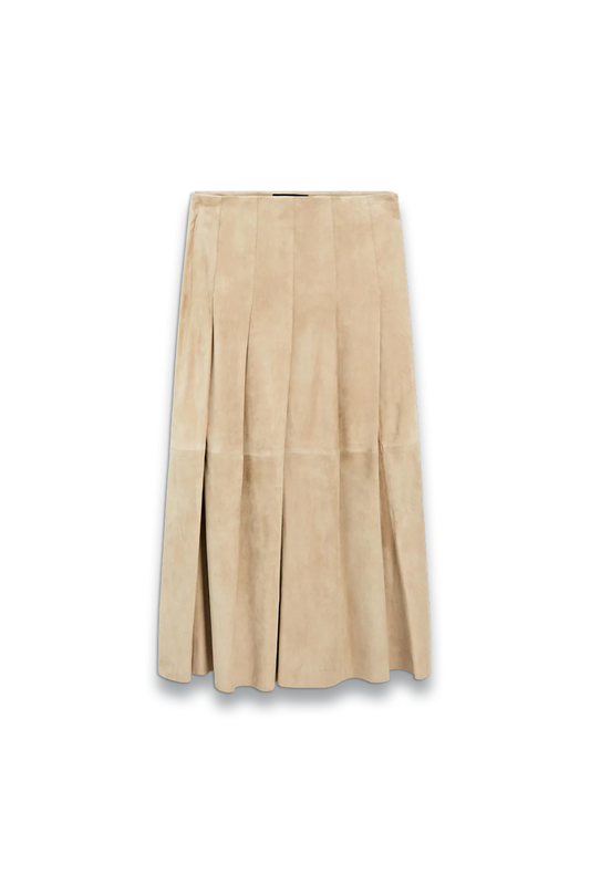 Long Pleated Leather Suede Skirt