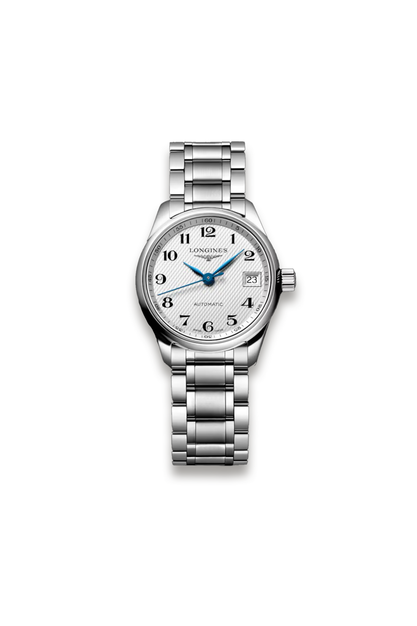Silver wristwatch with a white dial on a white background